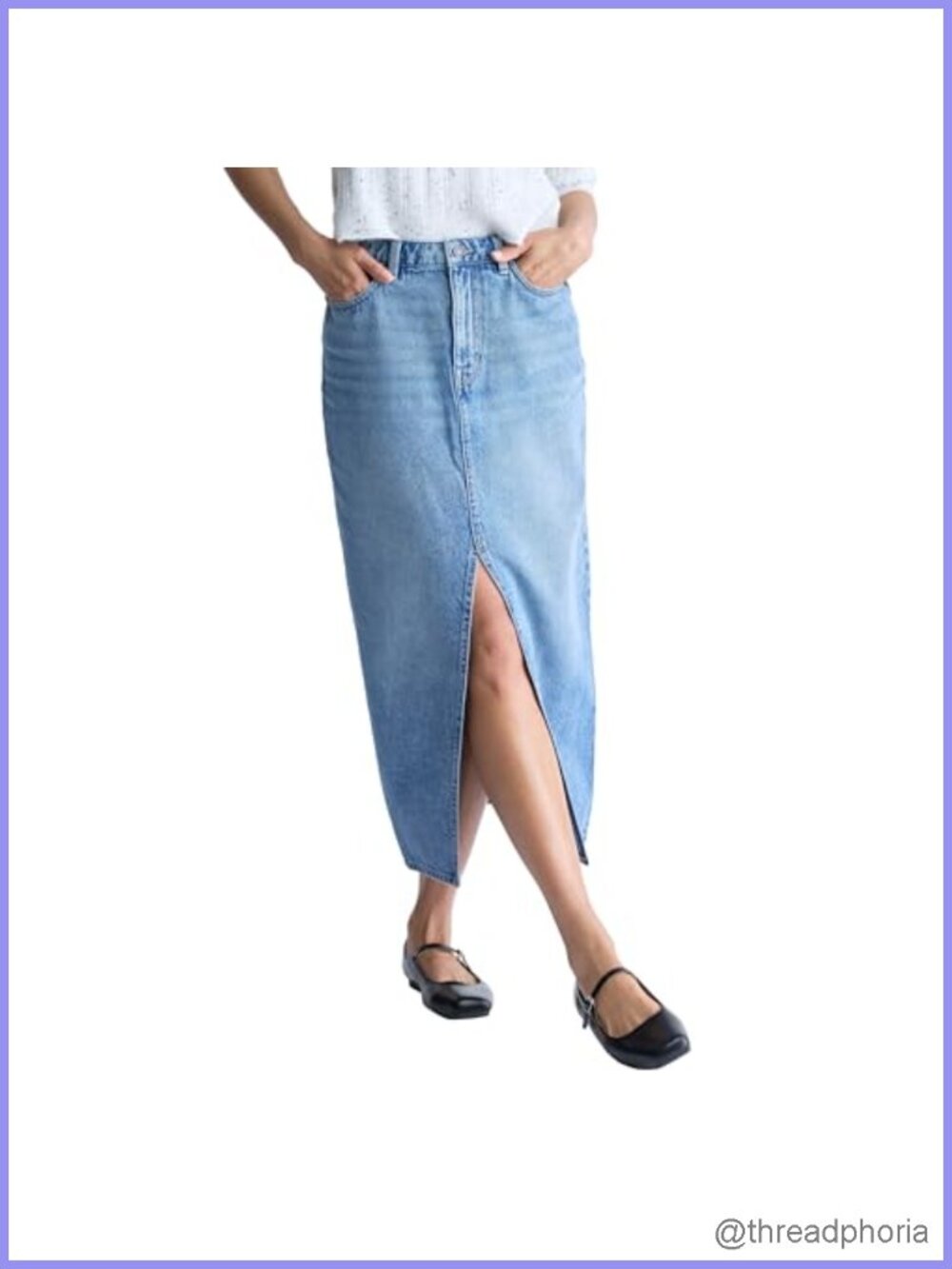 High Rise Denim Maxi Skirt with Front Slit Cotton High Rise